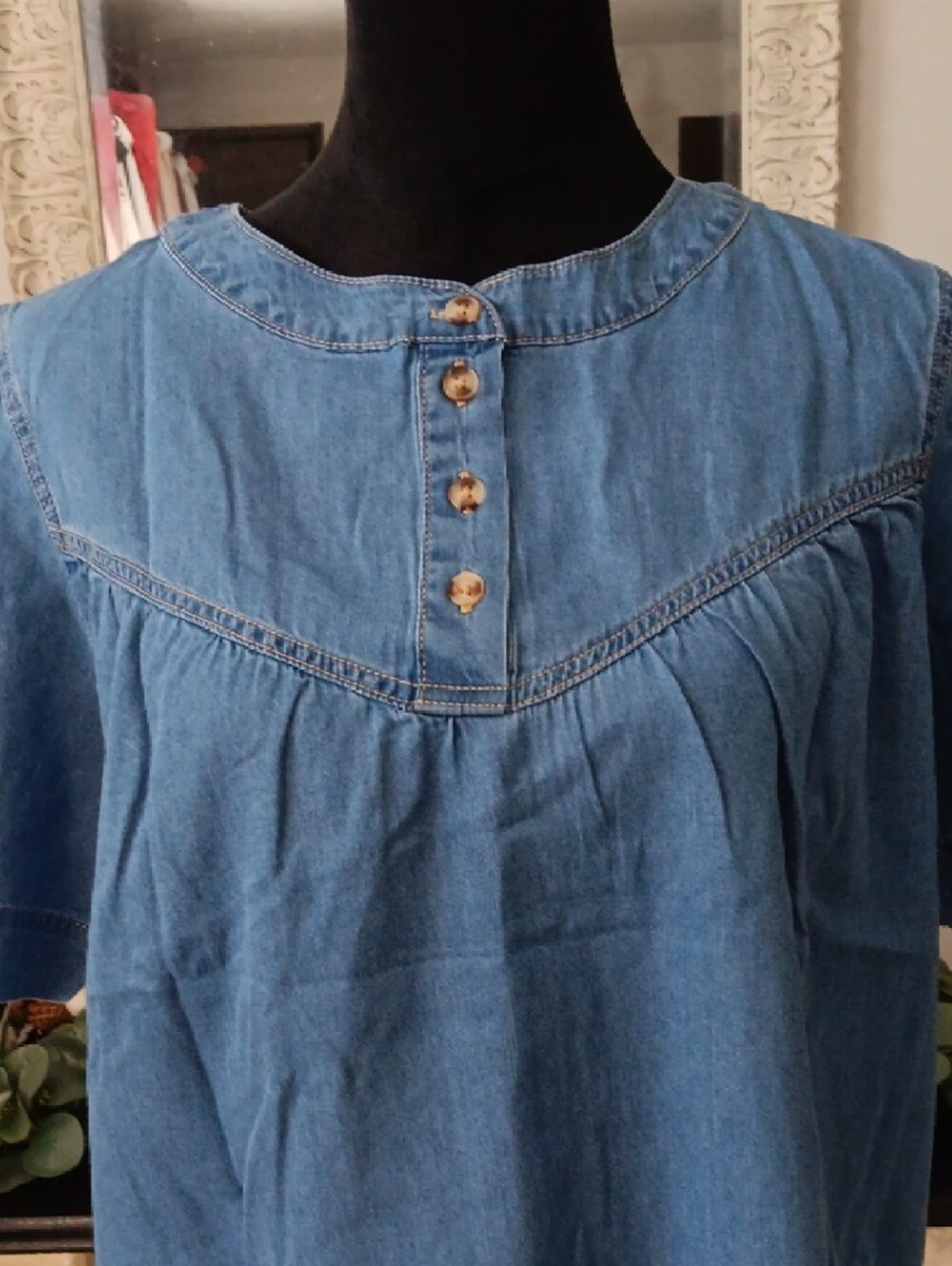 Denim Button Yoke Short Sleeve Top - Blue - Picture 4 of 7